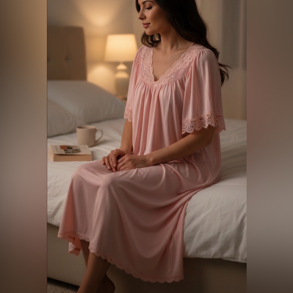 Vtg Shadow Line Night Gown Nylon Sz L Babydoll Lace Longwear Sleepwear Lightweig